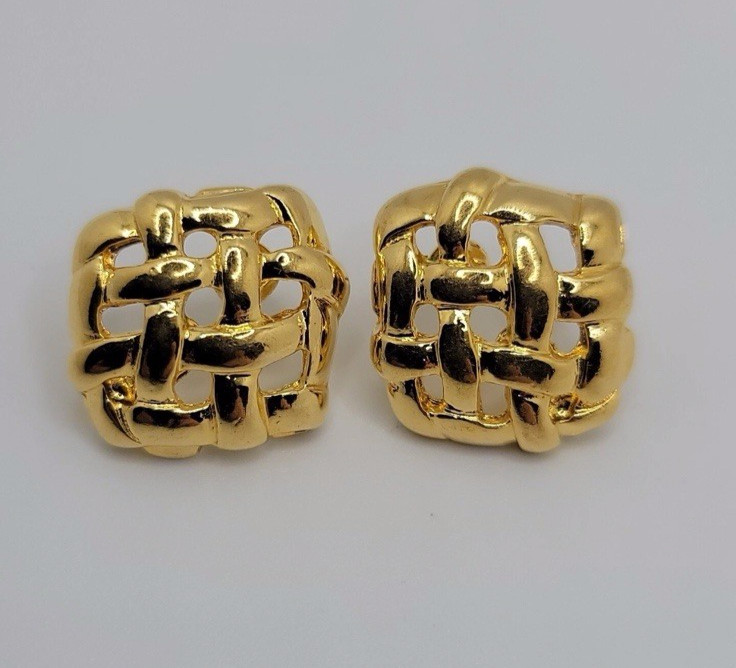 Earrings - Vtg Premier Designs Basket Weave Square Gold Tone