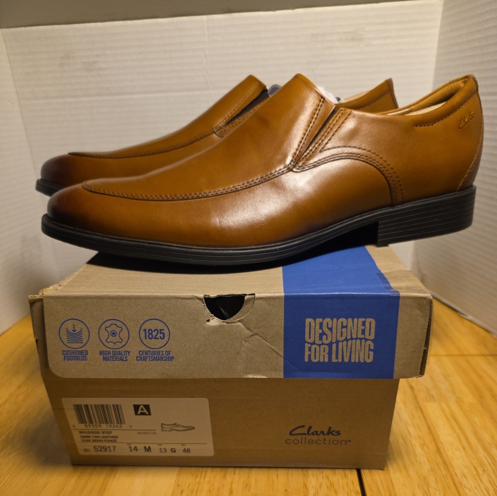 New Clarks Whiddon Step Shoes Dress Dark Tan Leather Slip-On Mens 14 NIB
