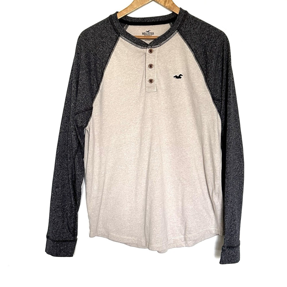 Hollister Shirt Men’s XL Beige Grey Long Sleeve Henley Round Neck Top