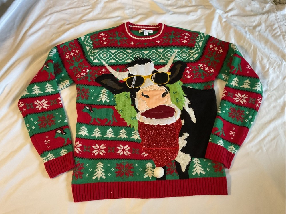 Celebrate Together Ugly Christmas Sweater With Cow And Beer Pocket - Size M