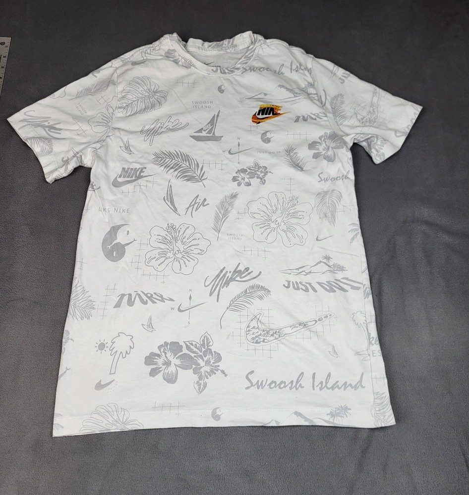 Nike Swoosh Island T Shirt Mens Medium White Lightweight AOP Floral Crew Neck