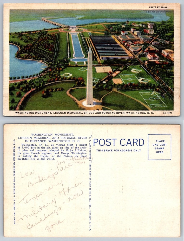 Washington DC Aerial View Postcard Washington Monument Lincoln Memorial Potomac
