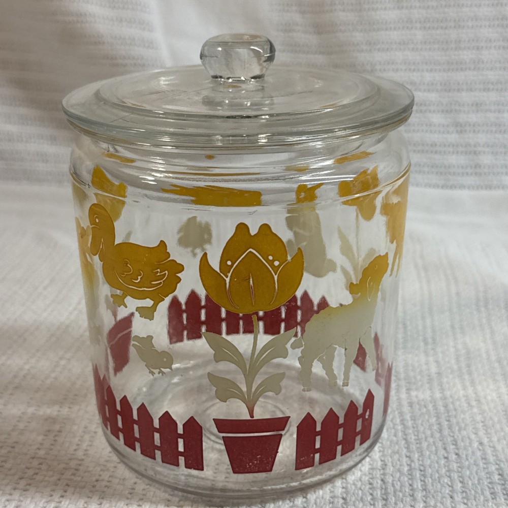 Bunny Lamb Duck Tulip Fence Canister Glass Jar Anchor Hocking Vintage 1940's