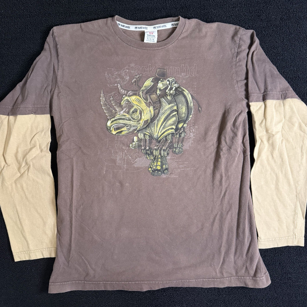 Vintage Ecko Unltd Layered Long Sleeve Shirt Mens XL Y2K Rhino Graphic Brown