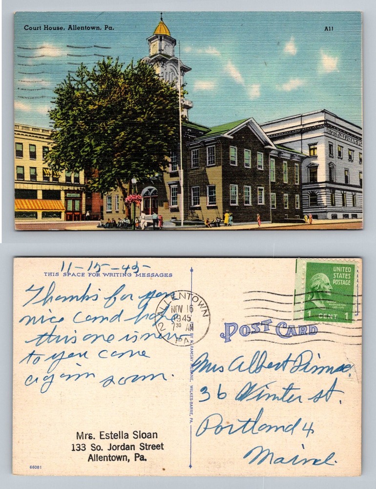 Allentown, PA-Pennsylvania, Court House Street View Vintage c1945 Postcard