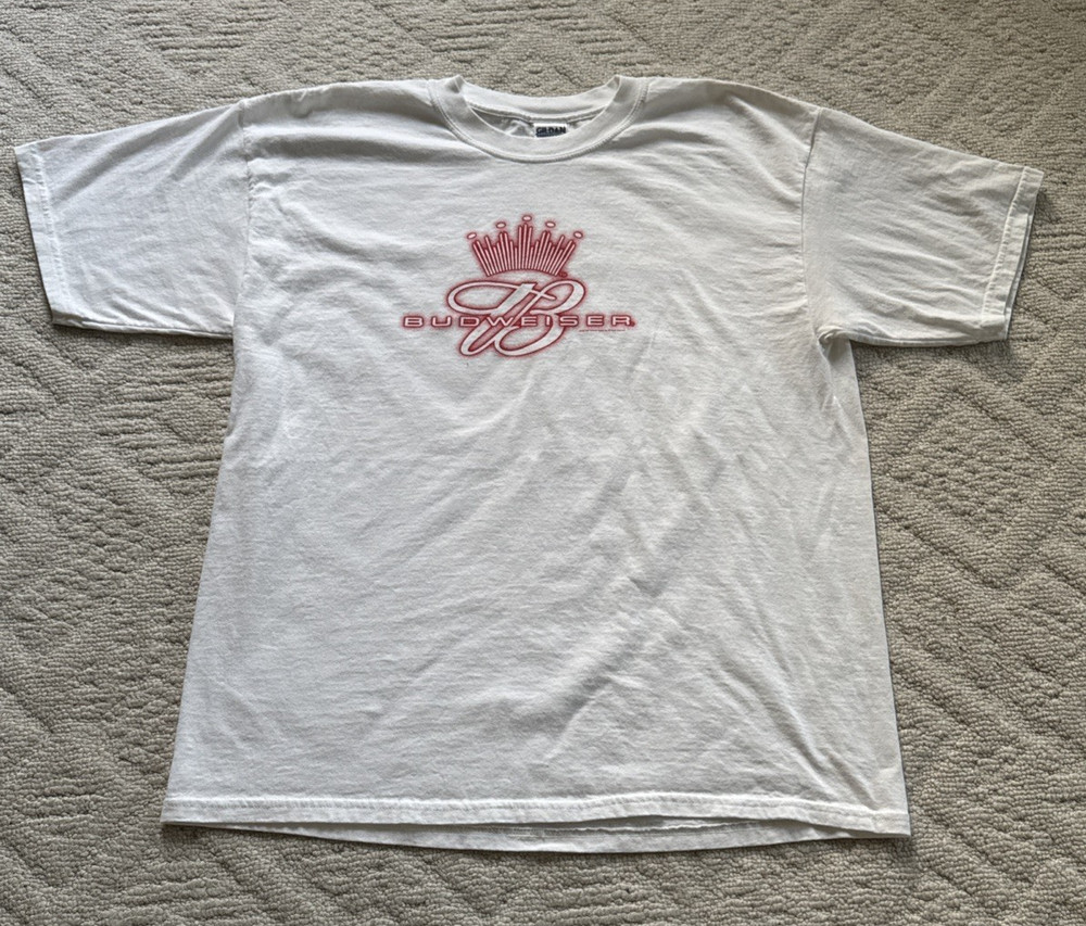 Budweiser Beer Shirt Men’s White with Red Logo T-shirt/Tee Size XL (Gildan)