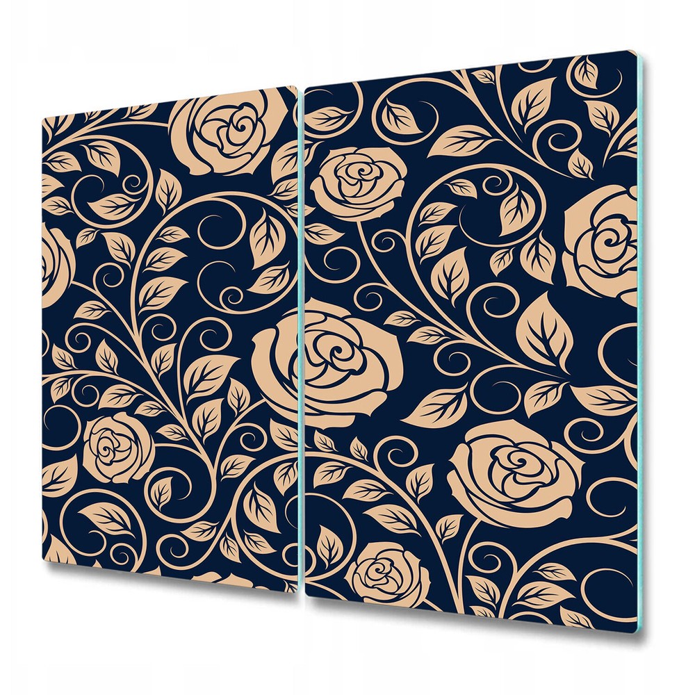 Glass Induction Ceramic Hob Cover Vintage roses flowers golden and blue 2x30x52