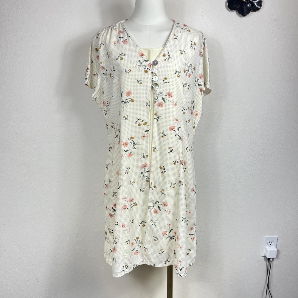 Vintage Dress Women 16 Cream Yellow Floral 90s 80s Cottagecore Boho Prairie