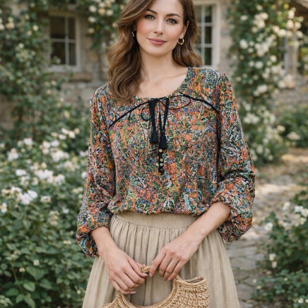 Edme & Esyllte Niya Blouse Sz 12 Paisley Boho Anthropologie Chiffon Keyhole Top