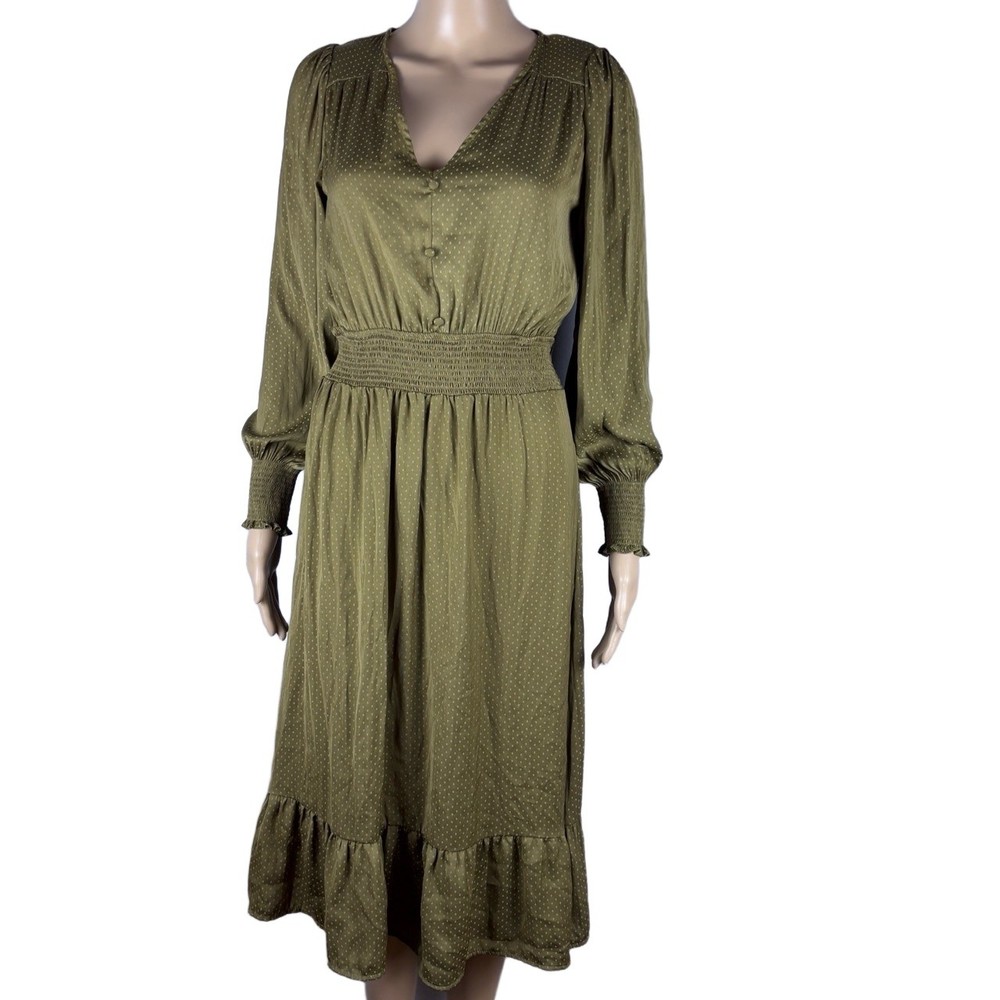 Womens Long Sleeve V-Neck Olive Green Dotted Smocked Waist Dress Versatile