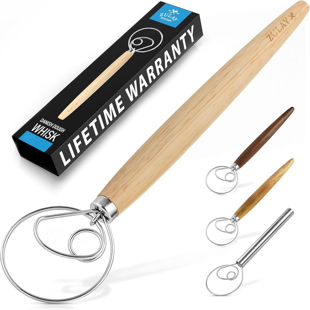 Zulay Kitchen 13-Inch Rubberwood Danish Dough Whisk 1 Pack