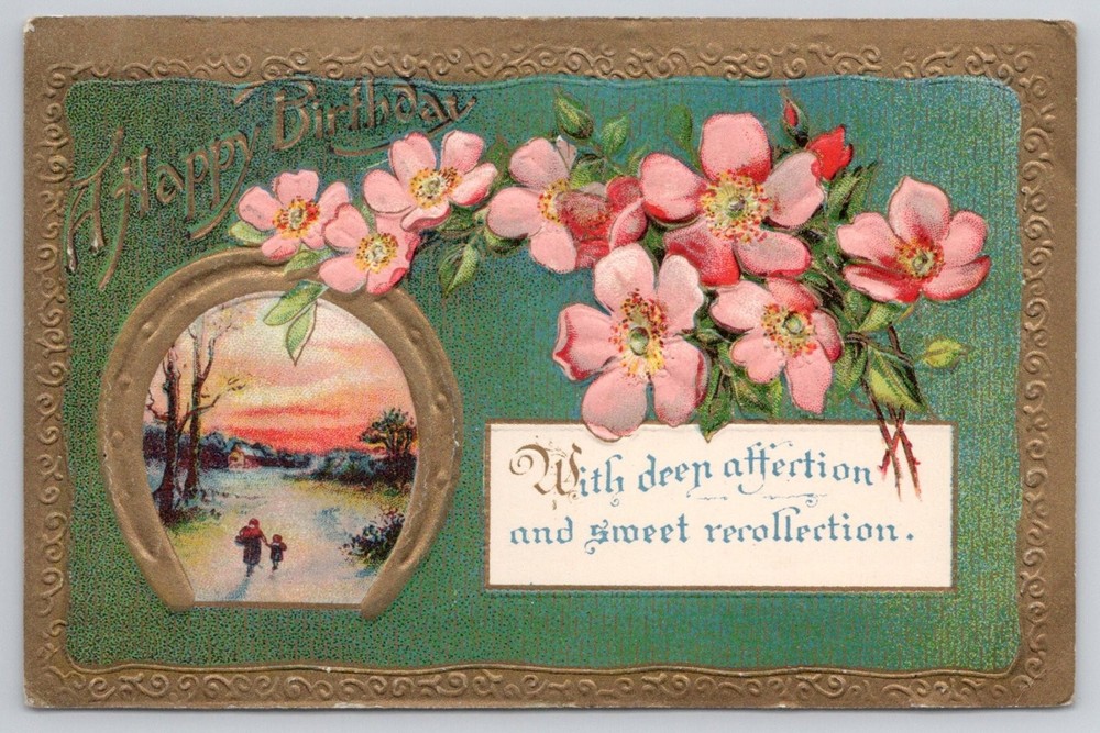 Embossed Happy Birthday Postcard, Winter Scene, Pink Flowers, Germany 1910s