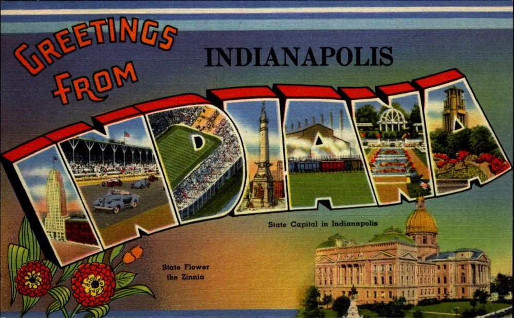 Greetings from INDIANAPOLIS Indiana~Large Letter Linen 1940s Zinnia State flower