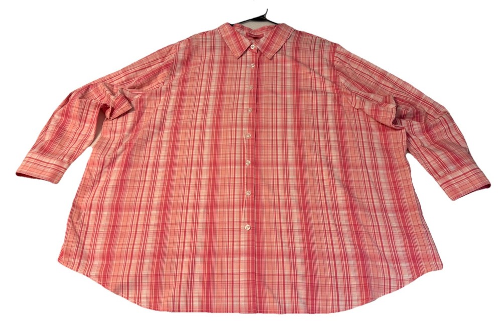 WOMAN WITHIN Women 3X 30/32 Plaid Button Up Shirt Long Sleeve Pink White READ
