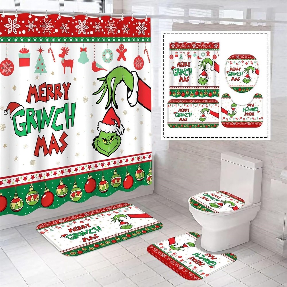 Stink Stank Stunk Grinch Merry Christmas Shower Curtain or Bathroom 4pcs/Set.
