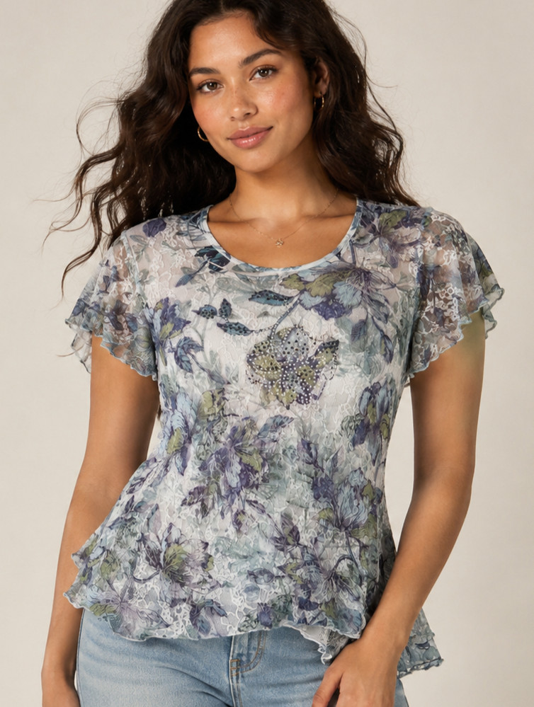 DressBarn Womens Y2K Lace Floral Butterfly Rhinestone Fairycore Whimsy Top Small