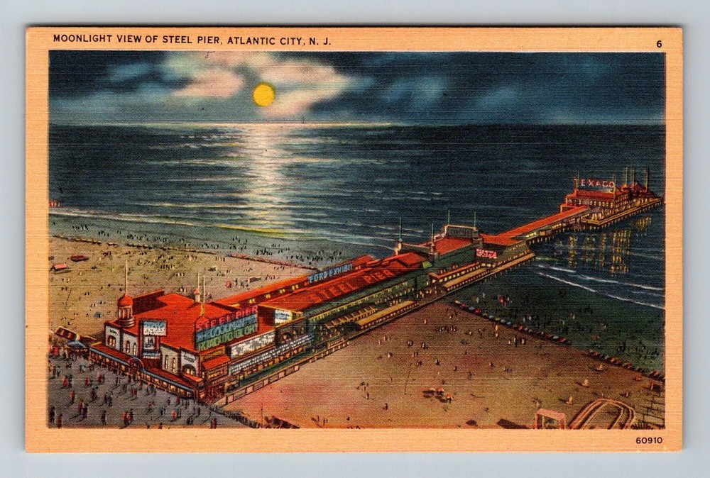 Atlantic City, NJ-New Jersey, Moonlight View Steel Pier Ocean Vintage Postcard