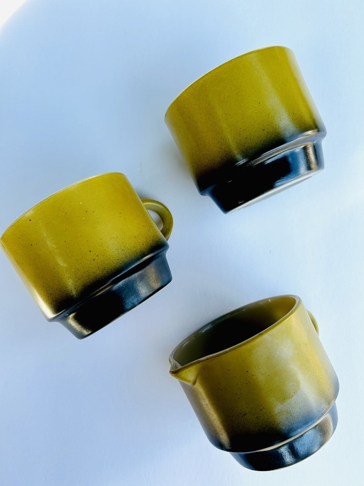 Anchor Hocking 3-Piece Avocado Green & Black Creamer Sugar Cup Set  