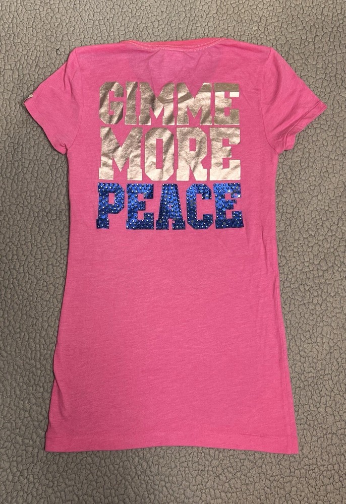 Pink Gimme More Peace Tee Shirt Womens Size XS Pink Silver And Blue Rhinestones