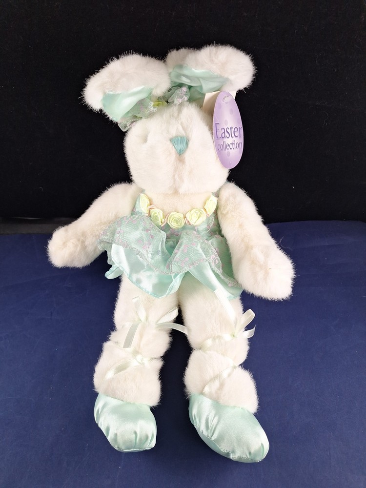 Vtg White Bunny Rabbit In Teal Dress Stuffed Animal Plush Childhood Memory *11FB