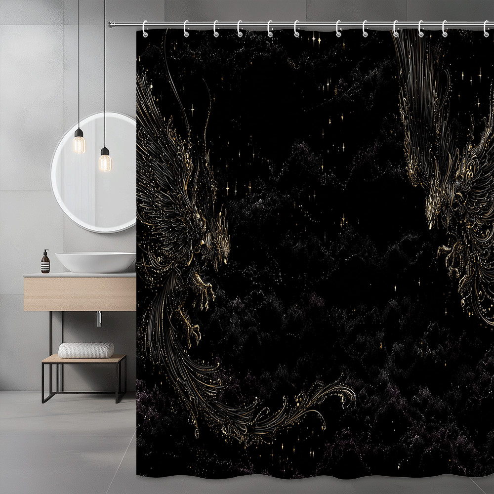 Gothic Dragon Shower Curtain Black Gold Fantasy Graphic