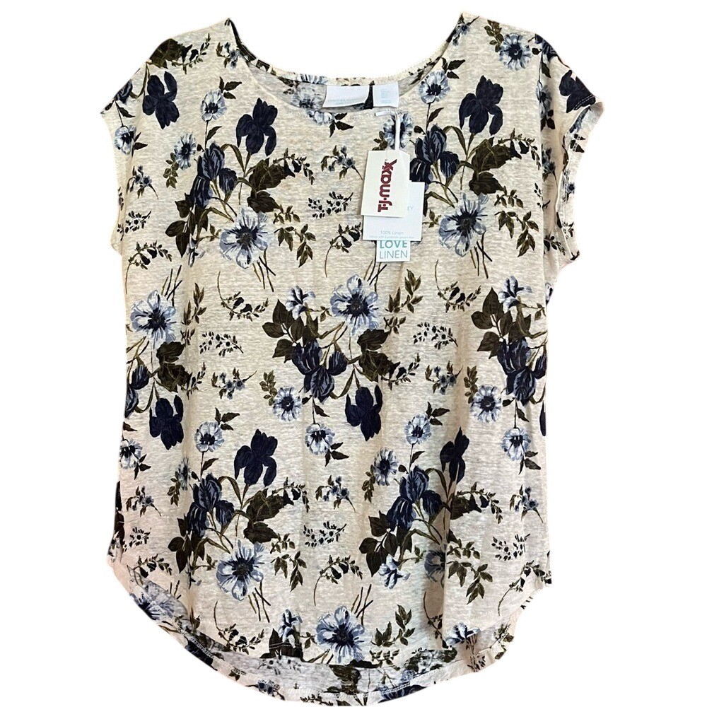 Cynthia Rowley Womens 100% Linen Floral Cap Sleeve Top Cream Blue Large NWT