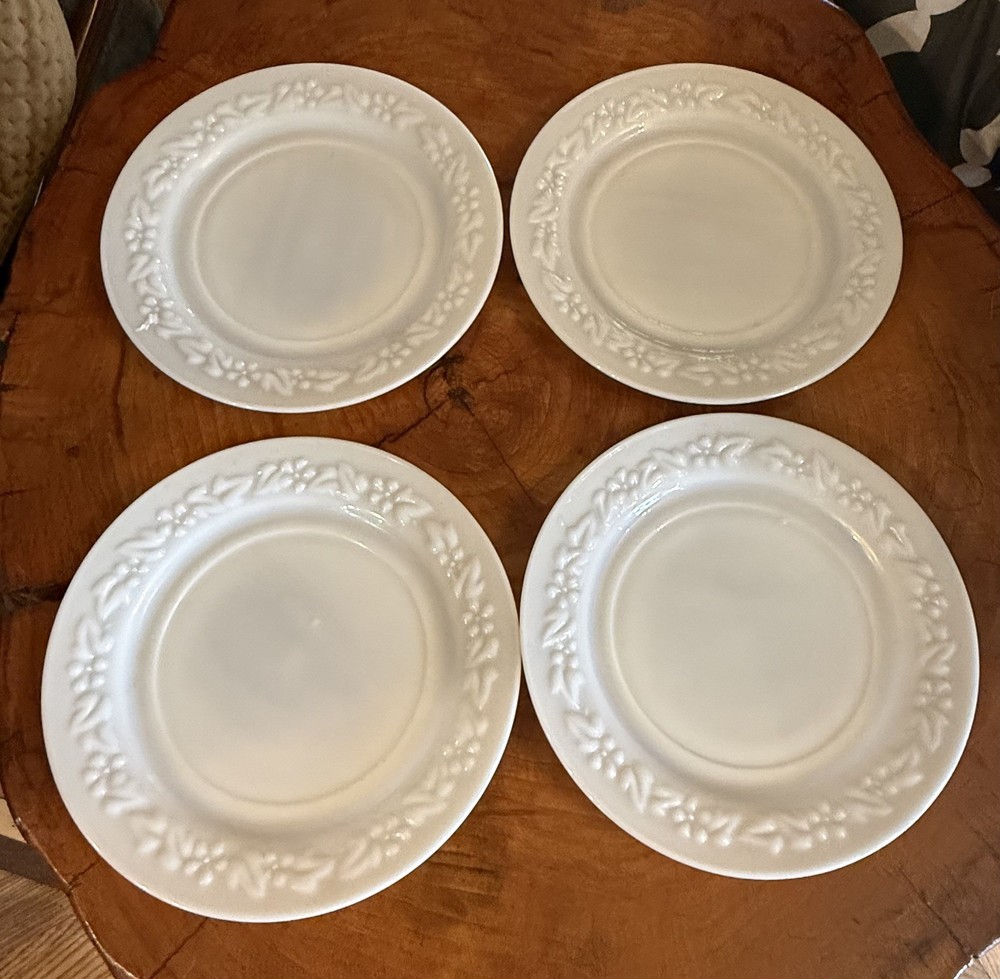 Set Of 4 Vtg. Anchor Hocking - White Milk Glass Raised Floral Rim Plates - 9”