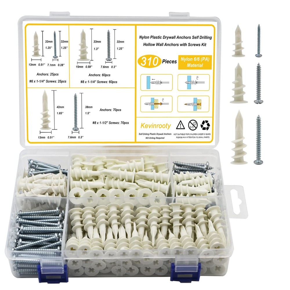 Kevinrooty 3-Size Self-Drilling Drywall Anchors Kit - 310PCS Nylon Plastic Wall Plugs for Secure Mounting