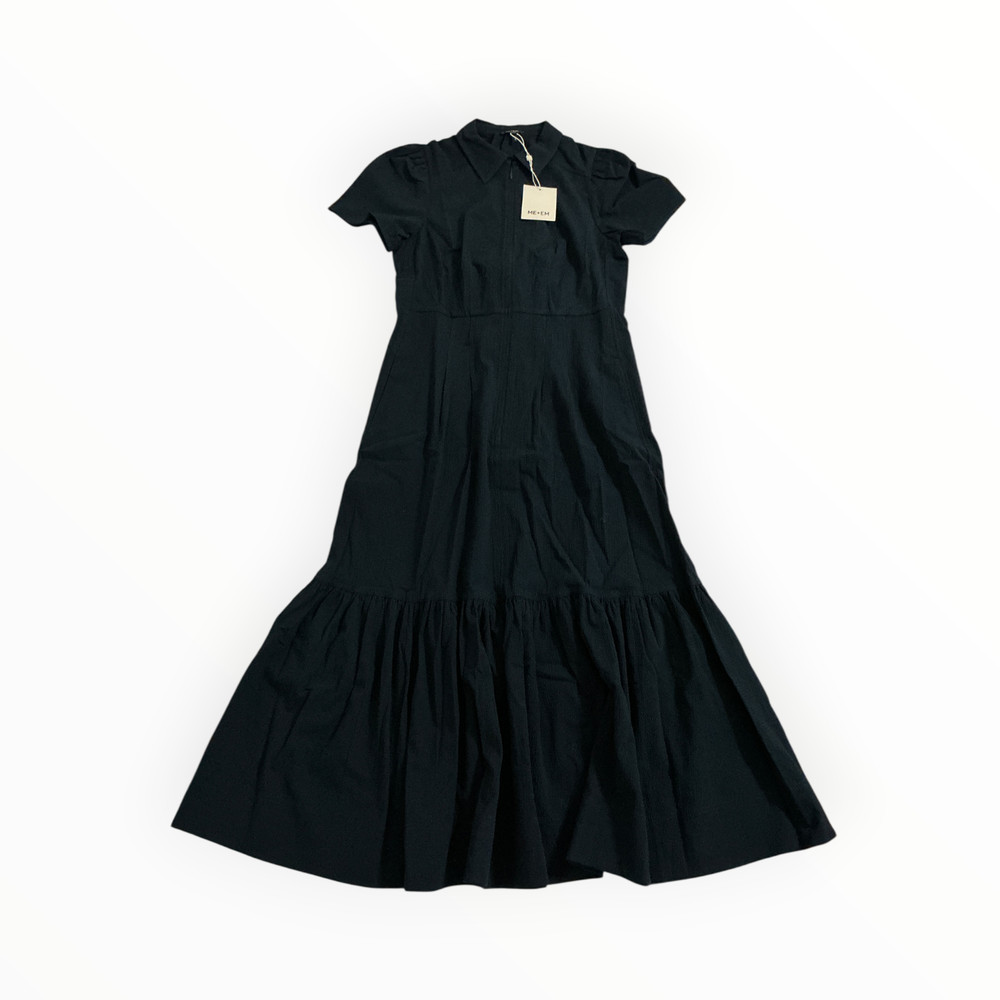 ME+EM Fit Flare Cotton Seersucker Midi Dress Belt Navy Women's US 6