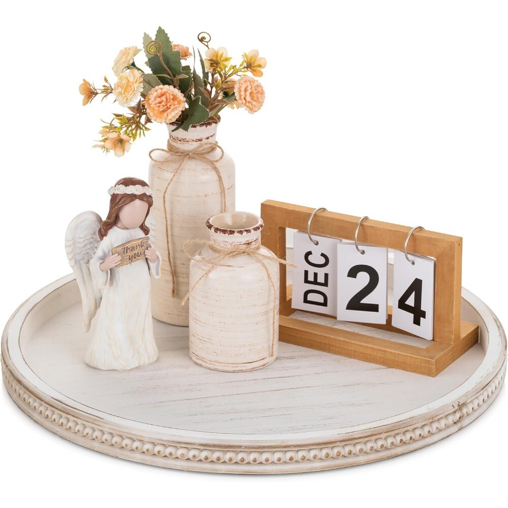Large Round Decorative Tray: White Coffee Table Beaded Tray Rustic Wood