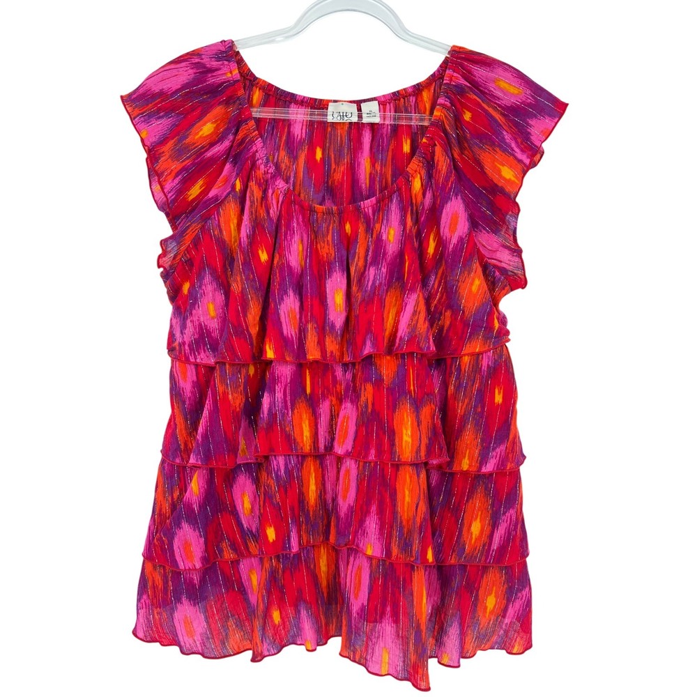 Cato Womens XL Pink Orange Ikat Tiered Ruffle Flutter Sleeve Metallic Top Blouse
