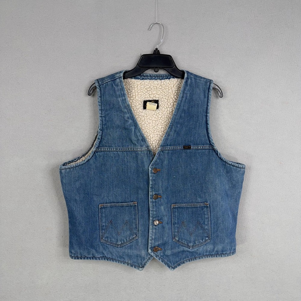 Vintage Maverick Vest Mens XL Blue Denim Sherpa Lined Snap Western Cowboy 70s