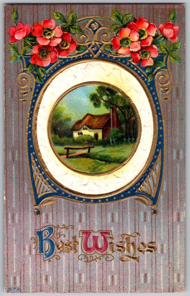 Antique Postcard Floral Cottage Scene 1910s