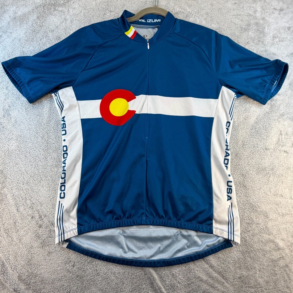 Pearl Izumi Cycling Jersey Mens Large Blue Colorado USA Bike Full Zip