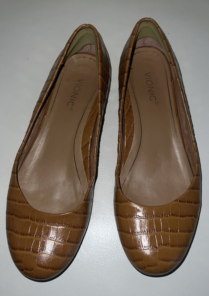 Vionic Women's Hannah Ballet Flats 7 Tan Croc Print, Slip-On, Orthotic Comfort