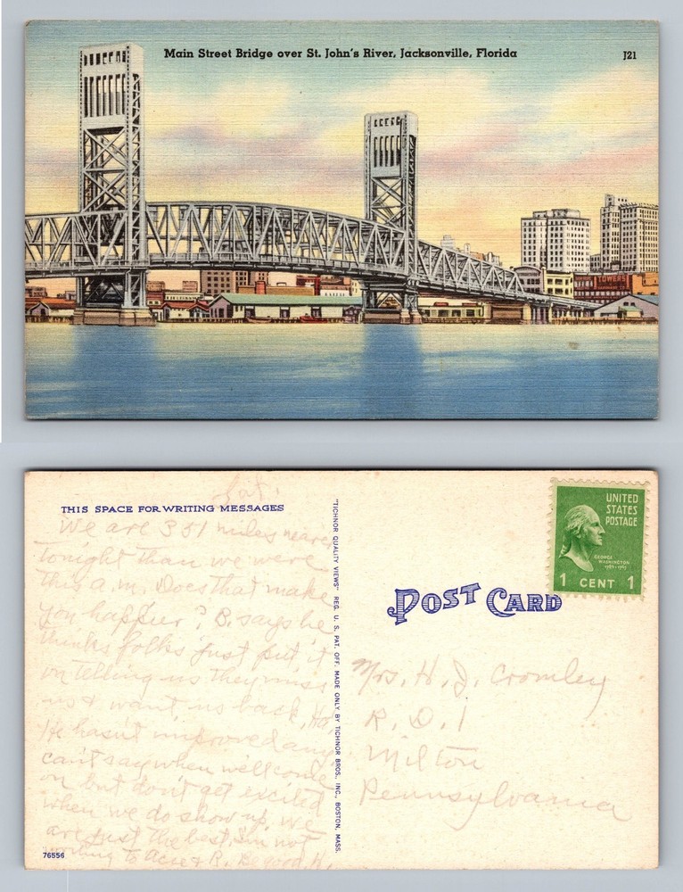 Jacksonville, FL-Florida, Main Street Bridge River View Vintage Postcard