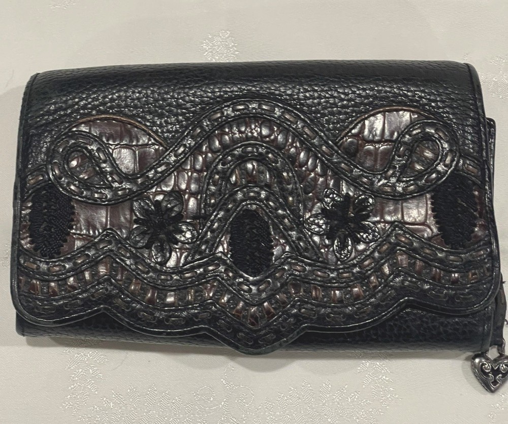 Brighton Wallet/Clutch Tri-fold, black with burgundy croc accents