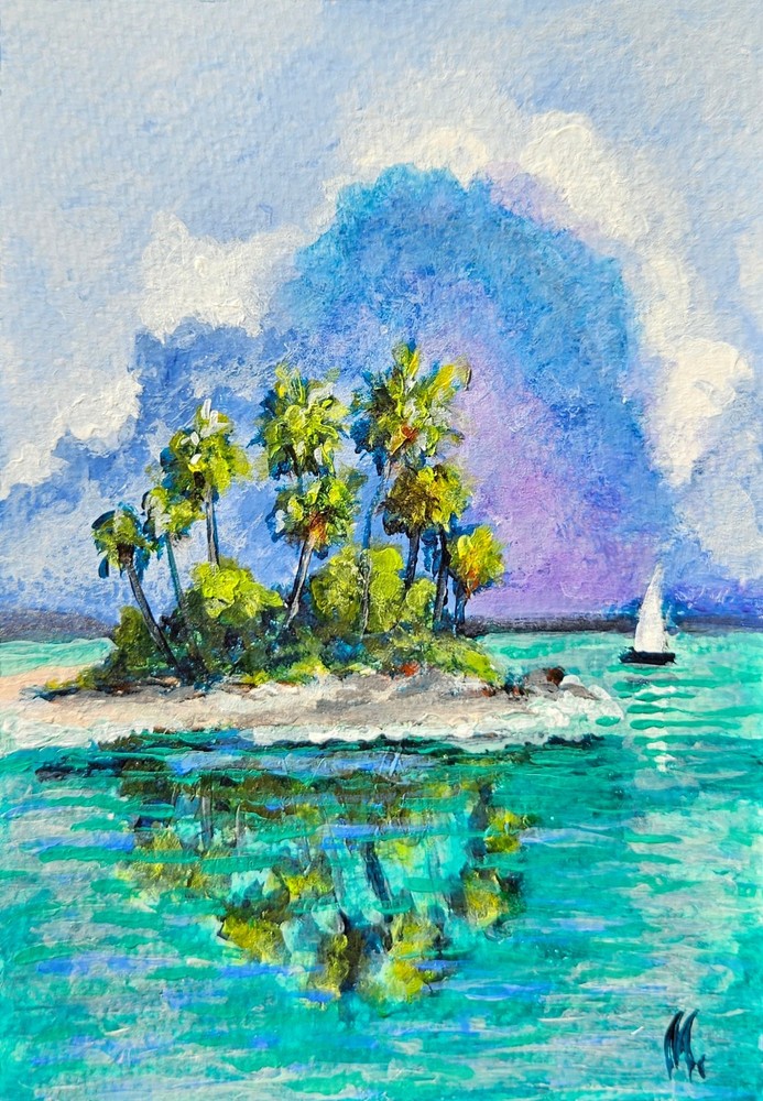 Beach Island Painting Tropical Seascape Palm Trees Ocean Landscape Art Postcard