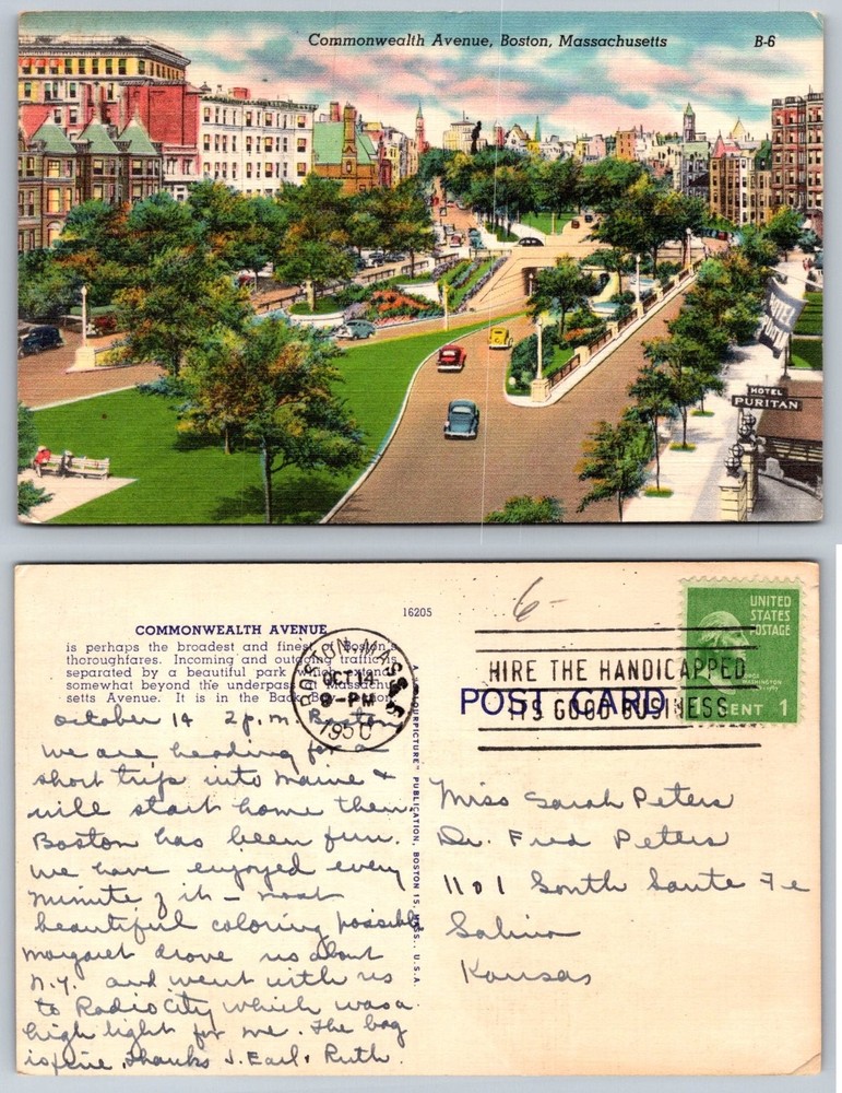 Vintage 1950 Postcard Commonwealth Ave Boston MA Linen Colourpicture