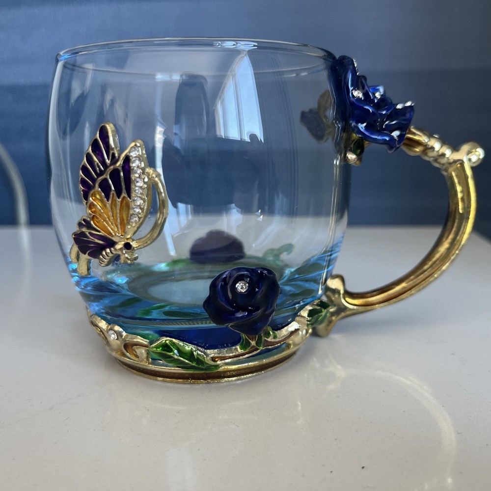 Arc of France Clear Glass Tea Coffee Cup Floral Butterfly Pattern
