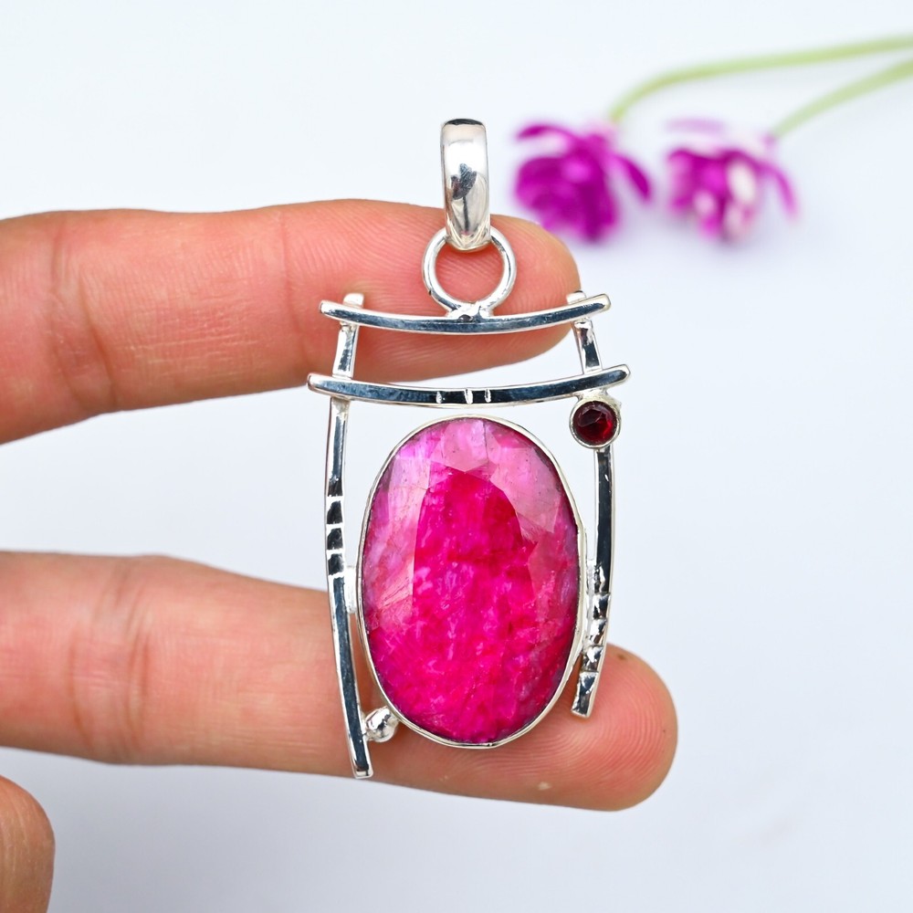 Natural Kashmir Ruby Garnet Pendant in 925 Sterling Silver Handmade Jewelry Gift