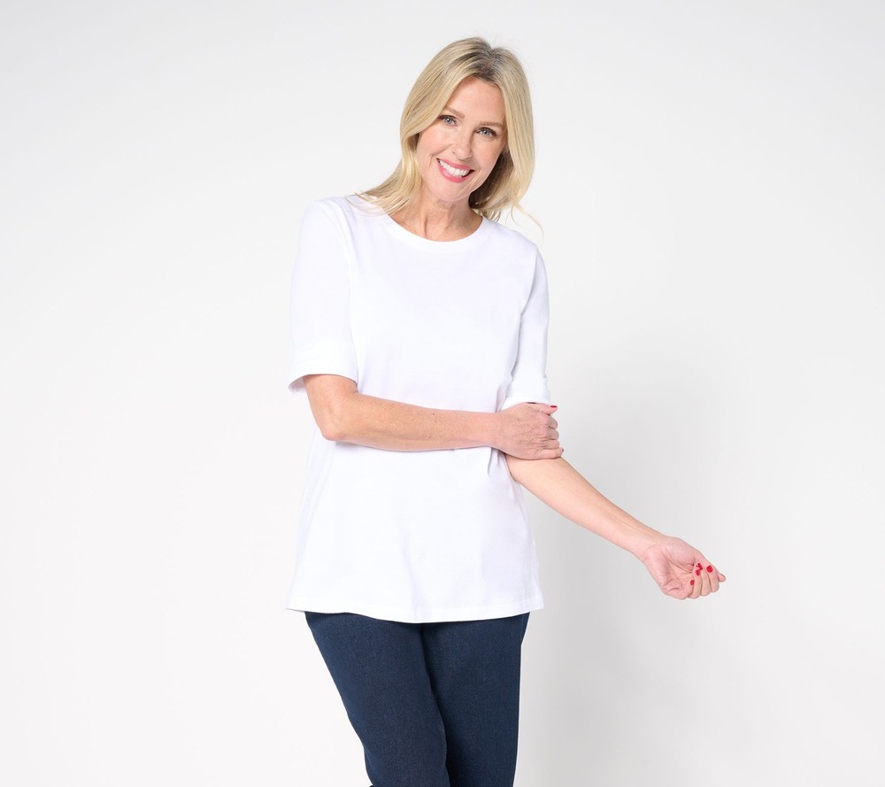 Denim & Co. Women's Top Petite PXL Essentials True Cotton Roll Cuff White