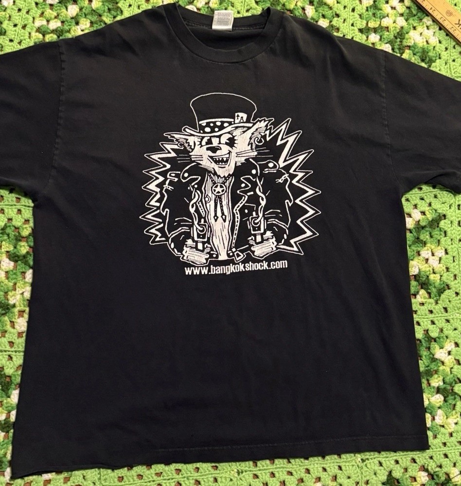 Bangkok Shock Smoking Guns Retro Crazy Cat Black Shirt Xl Dbl Sided Worn Grunge