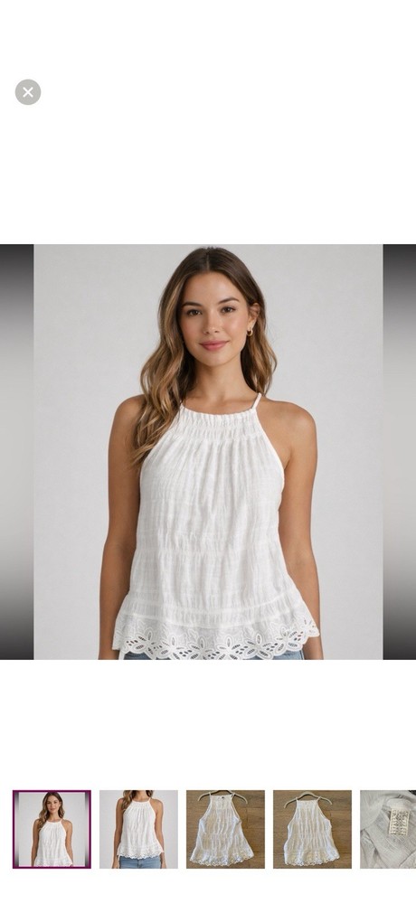BB Dakota  Women’s White Solid Halter Sleeveless Smocked Lace Hem Tank Top S