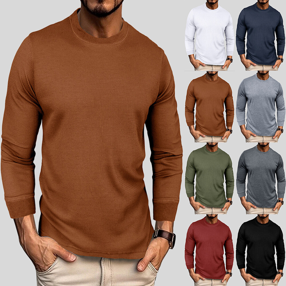 Men's Long Sleeve Solid Pullover T Shirt Casual Slim Fit Round Neck Tops Blouse