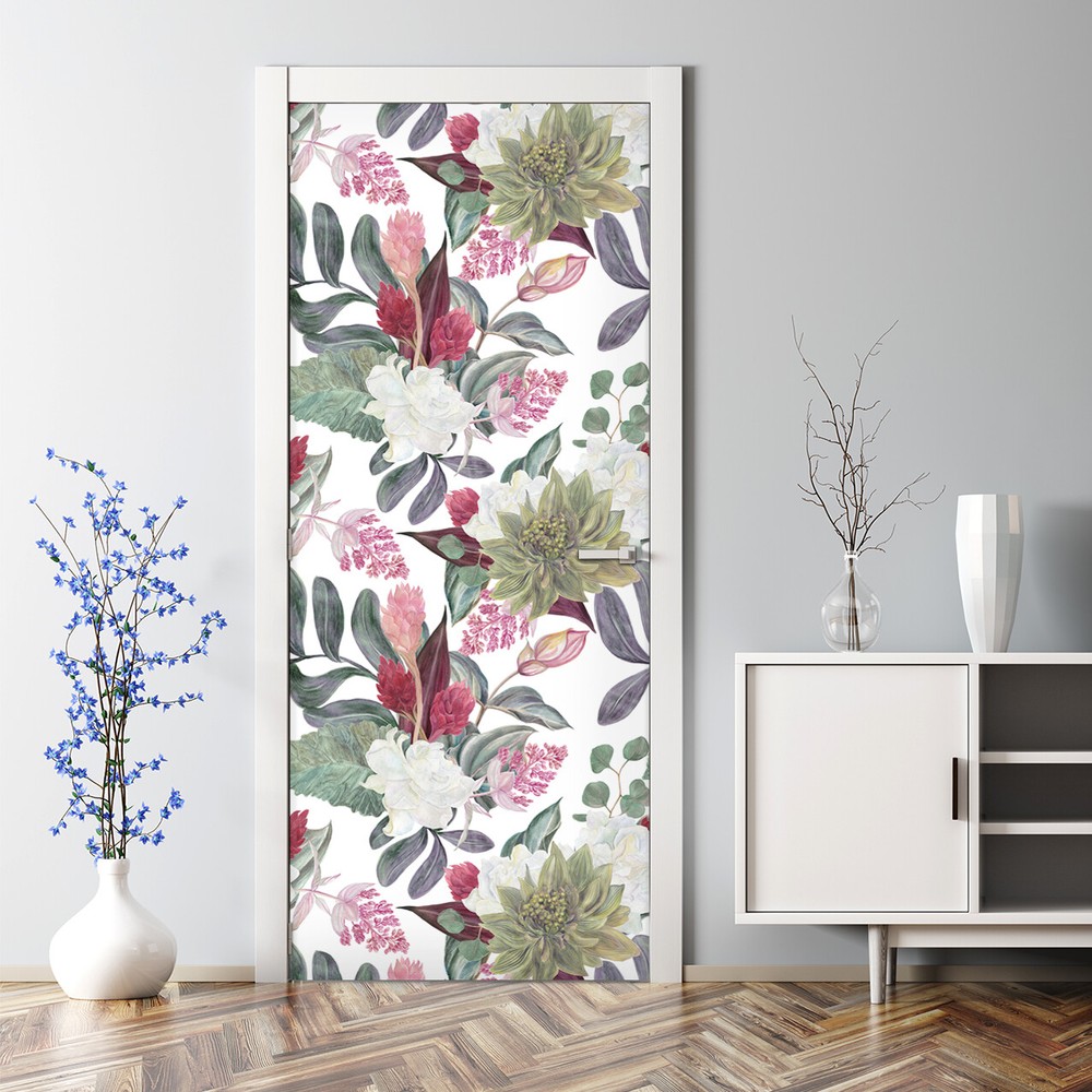Colourful Flowers style decoration drawing Watercolour aquarelle Door Decal