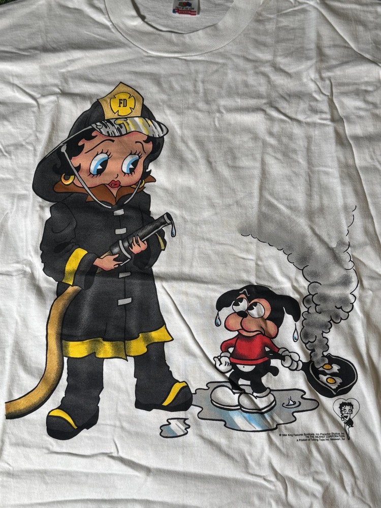 Vintage Betty Boop Shirt Mens XL White Fruit Of The Loom Firefighter 90s