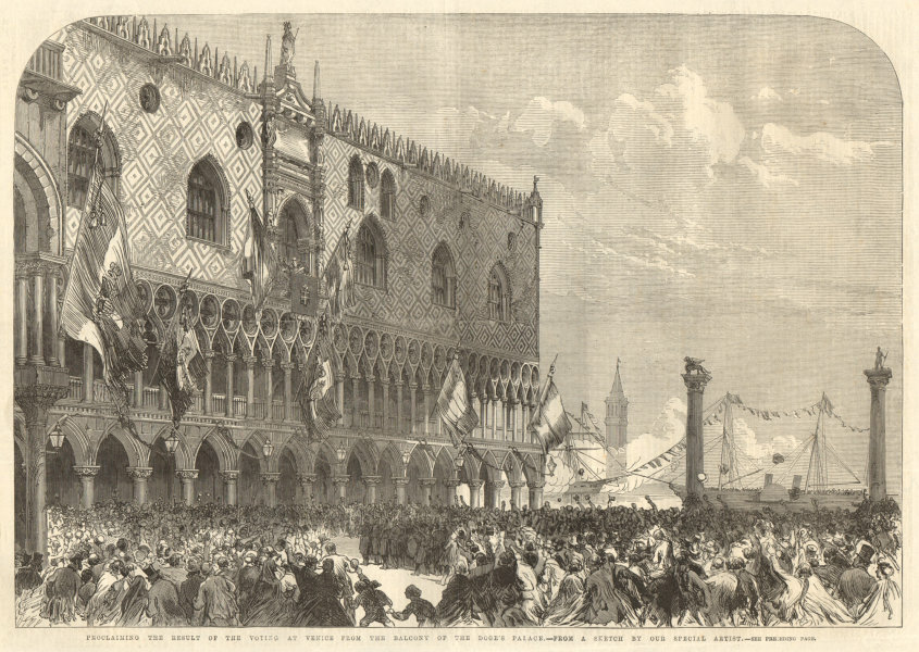 Proclaiming the election result at Venice from the Doge's Palace balcony 1866