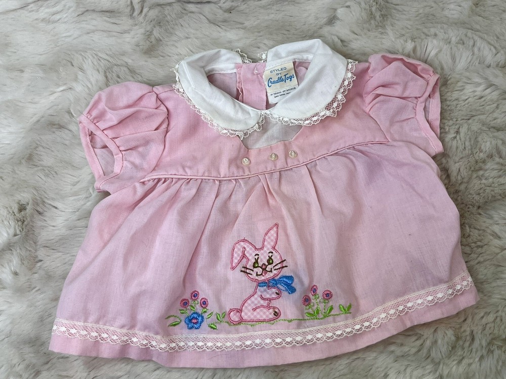 Vintage Pink Baby Girl Dress Cradle Togs Easter Bunny 0-3 Months Embroidered