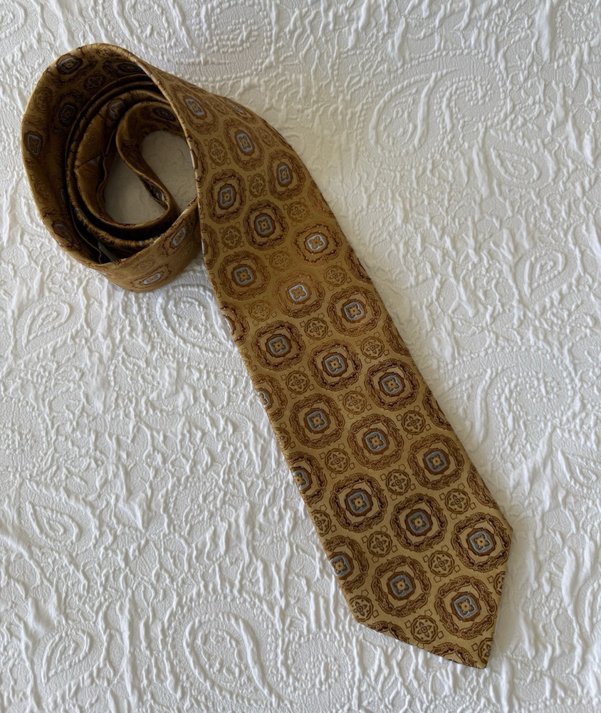 Robert Talbott Men's Gold Blue Brown Geometric Silk Woven Designer Tie
